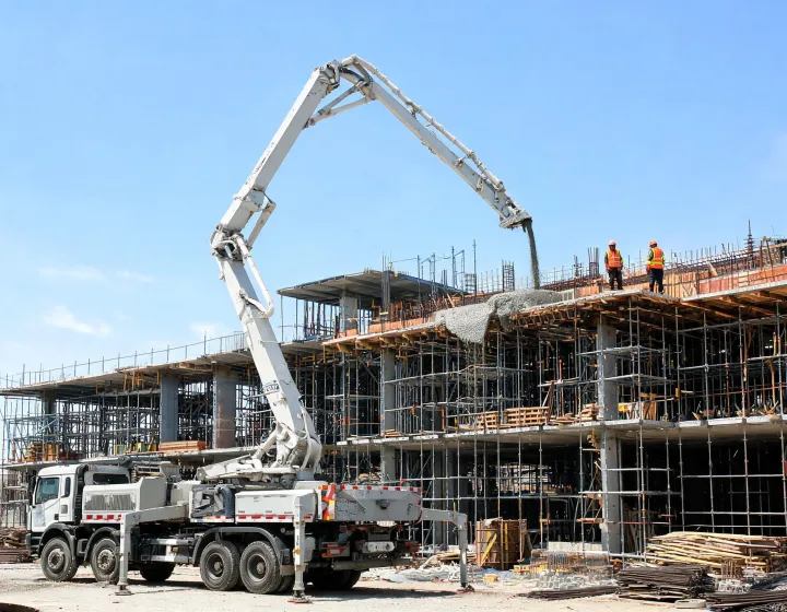 Schwing concrete boom pump placing high-rise deck
