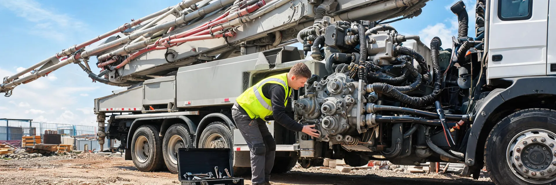 Field technician servicing concrete boom pump rock valve